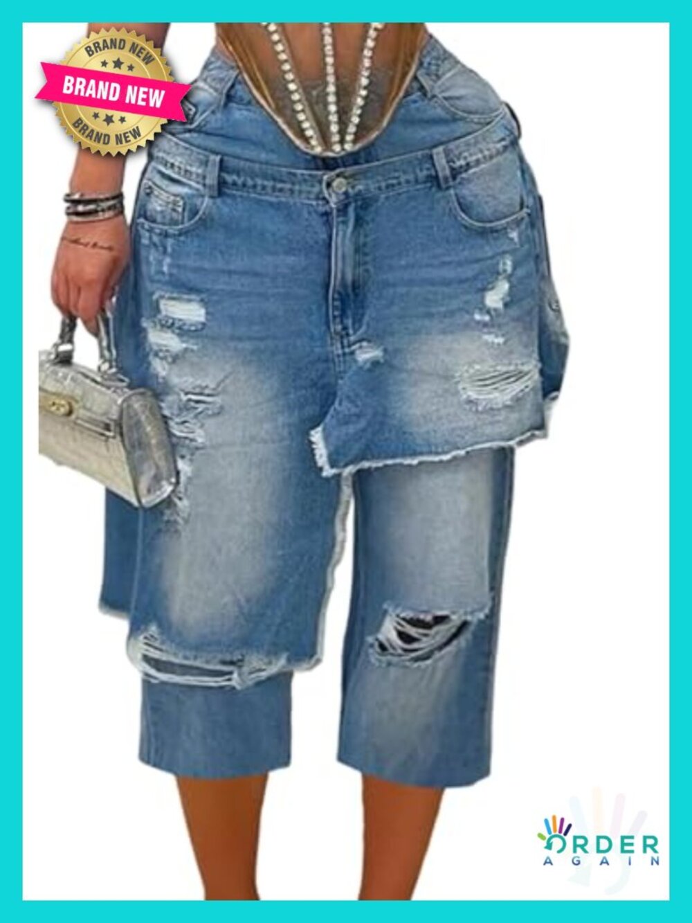 Wide Leg Capri Jeans Distressed Ripped Patchwork Denim Shorts Jorts - Picture 1 of 6
